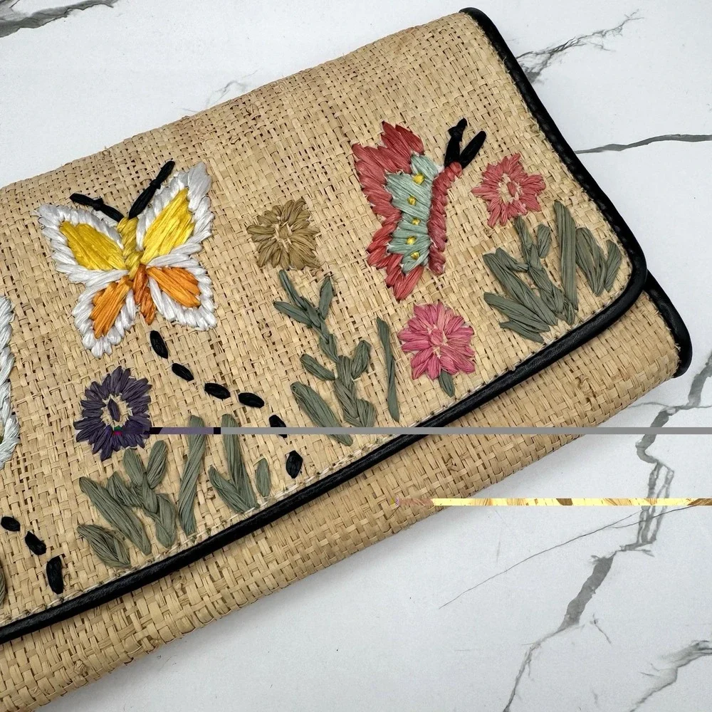 Vintage Straw Clutch Purse Lord & Taylor Boho Kitsch Butterflies Floral Lined‎